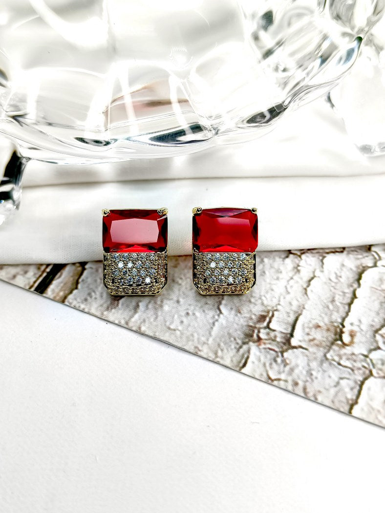 Gleaming Brilliance Short Stainless Steel Earrings With Red Shining Stone