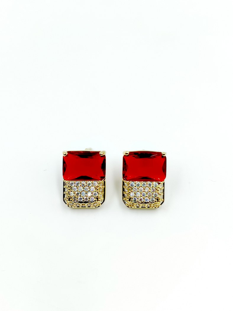 Gleaming Brilliance Short Stainless Steel Earrings With Red Shining Stone